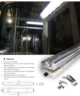 Luz fluorescente a prueba de explosión certificada ATEX y IECEx. IP66 Iluminación lineal a prueba de llamas para áreas peligrosas.